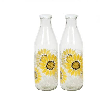 Agile Printed Designer Italian Freeze Safe Air Tight Flip Cap Clear Glass Water, Milk And Juice Bottle (1000 Ml) ,Pack Of 2 1000 ml Bottle