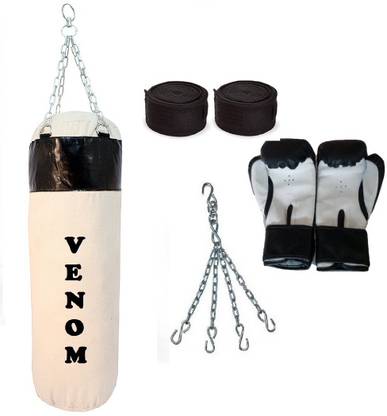 VENOM 2.0 Feet Long, CANVAS Material, White and Black Color, Unfilled with Hanging Chain with 9 Feet Long Black Color Hand Wraps Pair & Boxing Gloves Pair Boxing Kit