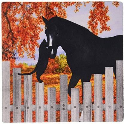 3dRose Mouse Pad, Precious Black Cat and Black Horse Sharing A Moment of Friendship Behind A Picket Fence in Autumn