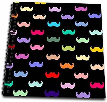 3dRose Colorful Rainbow Mustache Pattern on Black Aka Multicolored Multicolor Ironic Hipster Mustaches Drawing Book, 8 by 8-Inch