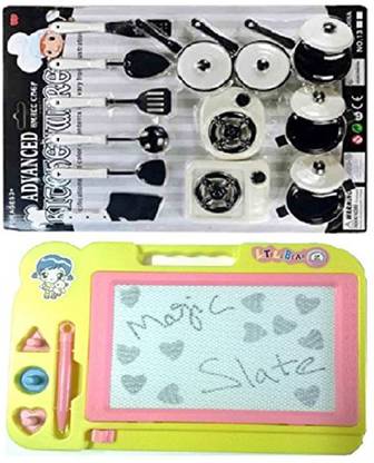 MAHVI TOYS Combo of Advanced Chef Kitchenware Playset with Magic slate