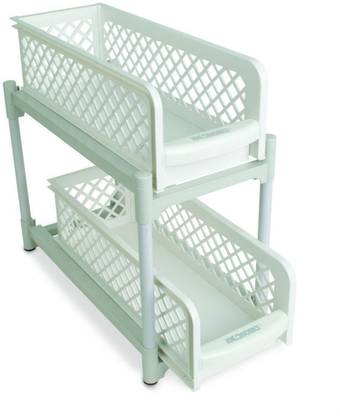 Shrih 2 Tier Portable Sliding Basket Drawers Storage Cabinet Box, White Plastic Wall Shelf