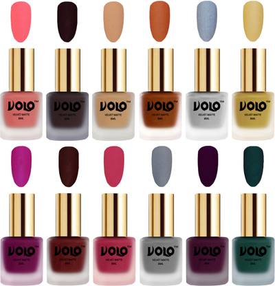 Volo Velvet Dull Matte Bold Colors Nail Polish Combo in Wholesale Rate Combo-No-114 Dark Wine, Magenta, Light Wine, Dark Green, Maroon, Metallic Coral, Metallic Golden, Metallic Silver, Dark Peach, Passion Pink, Grey, Skin Nude