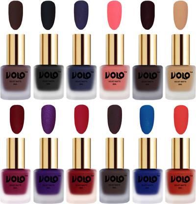 Volo Velvet Dull Matte Bold Colors Nail Polish Combo in Wholesale Rate Combo-No-24 Dark Wine, Coral, Metallic Dark Purple, Russian Navy Blue, Dark Coffee, Blue, Black, Passion Red, Chocolate Brown, Dark Peach, Carrot Red, Skin Nude