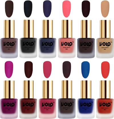 Volo Velvet Dull Matte Bold Colors Nail Polish Combo in Wholesale Rate Combo-No-21 Dark Wine, Magenta, Coral, Russian Navy Blue, Dark Coffee, Maroon, Blue, Black, Chocolate Brown, Dark Peach, Passion Pink, Skin Nude