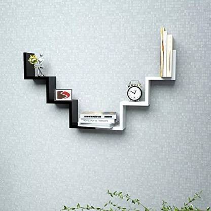 eCraftIndia Set of 2 W Shaped Floating Zigzag Wall Shelf (Black & White) Wooden Wall Shelf