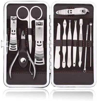 One Personal Care 12 IN 1 Stainless Steel Travel & Grooming Kit With Leather Case