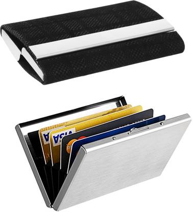 OKASTA | High Quality | Combo of two | Trendy Executive Silver Plain ATM and Full Black Finish Business Purpose 1106 For ID Card / Credit-Debit Card / Money /Visiting 15 Card Holder