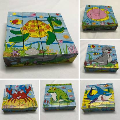 Sunny toys Colourful Wooden Block Picture Puzzle for Toddlers and Small Children (Aqua Animals Theme) - 16 Pieces