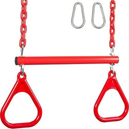Generic Swing Set Stuff Trapeze Bar with Rings and Coated Chain with SSS Logo Sticker, Red