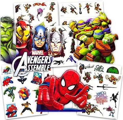 Generic Super Hero Party Supplies Set -- 125 Temporary Tattoos Featuring Marvel Avengers, Spiderman and Teenage Mutant Ninja Turtles!