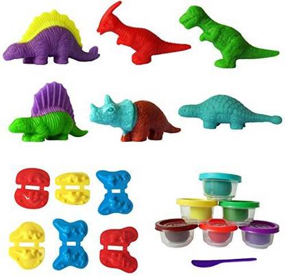 SUPRBIRD Kids Dough Dinosaur Playset Toys Diy Clay And Molds Set - Includes 6 Tubs Of Play Doh Modelling Compound