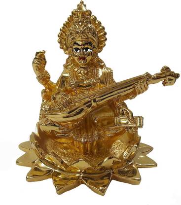 Chintamani Arts™ GOLD PLATED SARASWATI MATA IDOLS | Auspicious SARASWATI MATA IDOL |SARASWATI DEVI IDOL | SARASWATI MATA IDOL | SARASWATI MATA IDOL for Home | SARASWATI MATA STATUE SHOWPIECE Decorative Showpiece  -  8 cm