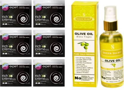 Godrej 6 SACHET NATURAL BLACK NO. 1 with PURE COLD PRESSED SHEER SECRET OLIVE OIL 100 ML