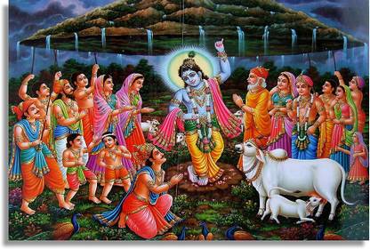 Govardhan Parvat on Little finger amazing Lord Krishna Paper Print