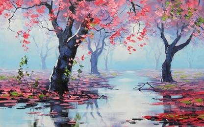 SIZE (2FT * 4FT ) / Red Trees Clear Water LeavesWall Pictures for Living Room No Framed /Large Handpainted Lovers Rain Stree Tree Lamp Landscape Painting On Canvas Wall Art Picture For Home Decoration Wall Decor/ wall painting || photo / paintings || gift paintings big size || large paintings || painting for bedroom || paintings big size || paintings for living room large size || painting || poster 3D Poster