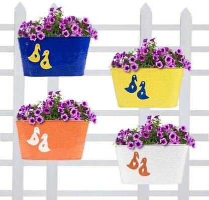 TrustBasket Duck Designer Oval Railing Planters - Set of 4 (Blue, Yellow, White, Orange) Plant Container Set