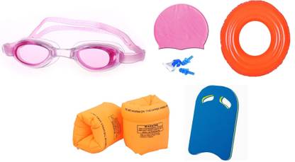 YUKI MULTICOLOR COLOR GOGGLES, CAP WITH EAR, NOSE PLUG, 70 CENTIMER TUBE, ARM FLOTS & KICK BOARD Swimming Kit