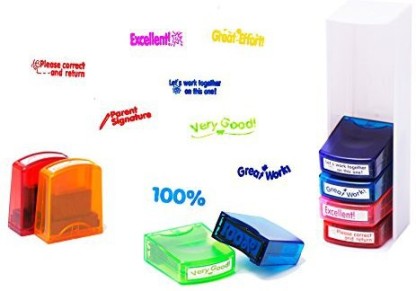 Colorful Self-Inking Motivation School Grading Teacher Stamp Set and Tray 8 Piece