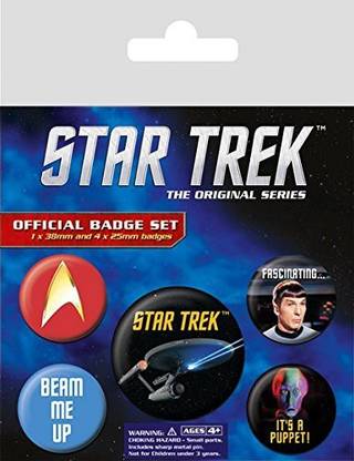 Generic Star Trek - 5 Piece Button / Pin / Badge Set (Star Trek Insignia, Mr. Spock, Beam Me Up, The Enterprise & Alien)