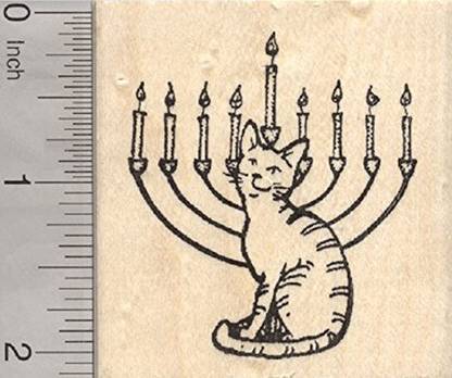 Generic Hanukkah Cat Rubber Stamp, with Menorah, Chanukah