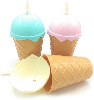 hkc house Ice Cream Glass, Juice Straw Glass, juice bottle, cold drink bottle for kids, bottle for kids, birthday party bottle - (Pack of 3)