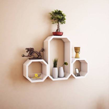 CraftOnline Wood Octagon Shape Wooden Wall Shelf (Number of Shelves - 3, White) Wooden Wall Shelf