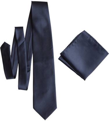Qtsy Navy Blue Tie and Pocket Square Solid Men Tie