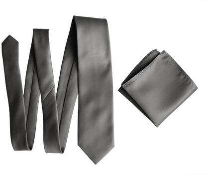Qtsy Grey Tie And Pocket Square Combo Solid Men Tie