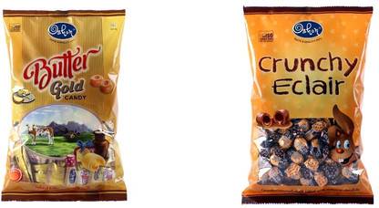 Oshon Butter Gold & Crunchy Eclair Pouch Combo (Pack of 2) Milk Cream Candy