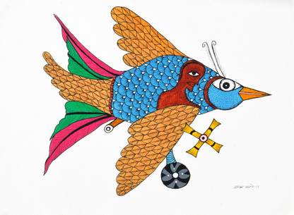 Harmony Arts Original Gond Painting by Dwarka Paresh | Home & Office Décor | Model No : 6_R | Rolled - 11 x 15 (in.) Canvas 15 inch x 11 inch Painting