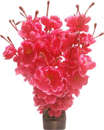 KAYKON Beautiful Artificial Orchid Flowers With Small Designer Wooden Pot Flowers For Home Decoration Office Decor -13 sticks -16 inch Red Orchids Artificial Flower  with Pot