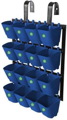 TrustBasket Vertical Gardening Pots with Metal Panel (16 Pots) - Blue Plant Container Set