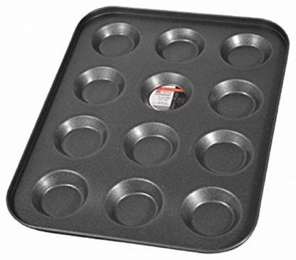 Inditradition 12 Cavity (Small) Cup Cake Tray | Non-Stick Metal, Black, Round Cupcake Maker