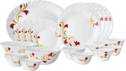 Larah by Borosil Pack of 27 Opalware Red Lily Dinner Set