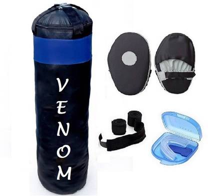 VENOM 3.5 Feet Long, PU Material, Black and Blue Color, Unfilled with Hanging Straps, Pair of Black Color Straight Coacher Pad, 9 Feet Long Black Color Hand Wraps and Blue Color Mouth Guard Fitness Accessory Kit Kit