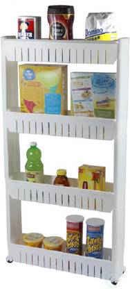 Royalkart Bathroom and Kitchen Slim Storage Cart - Slide Out Shelf Storage Tower Cabinet as a Plastic Small Mobile Shelving with 4 Shelves Narrow Space Organizer in Laundry Room Closet Office Plastic Kitchen Trolley