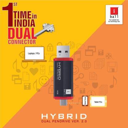 iball Hybrid Dual Pendrive 16 GB Pen Drive Compatible with Netbook, Gaming Console, Desktop Computer, Mobile, Tablet, Audio Player, Television, Laptop USB 2.0 Plastic Case