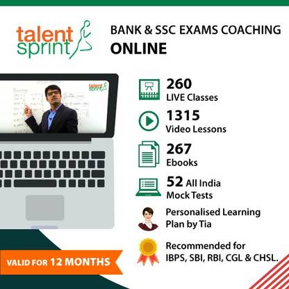 TalentSprint Online Coaching: SBI, IBPS, RBI, SSC-CGL, SSC-CHSL, Railways (Valid for 12 month) - LIVE Classes, Videos, Downloadable ebooks, Daily Practice Tests, All India Mock Exams and more