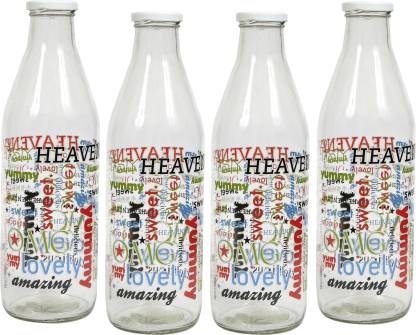 Agile Printed Designer Italian Freeze Safe Air Tight Flip Cap Clear Glass Water, Milk And Juice Bottle (1000 Ml) ,Pack Of 4 1000 ml Bottle