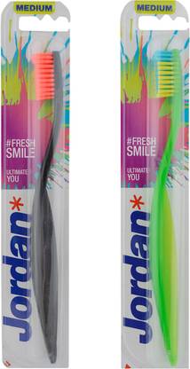 Jordan Ultimate You Bristles Latest Design BPA Free Imported Brush gentle to Teeth & Gems. Made in Malaysia (Random Color) Pack of 2 Medium Toothbrush