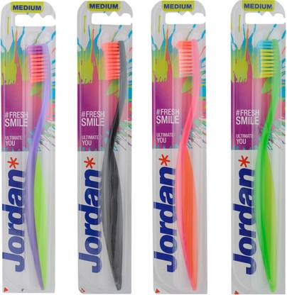 Jordan Ultimate You Toothbrush Medium Bristles Latest Design BPA Free Imported Brush gentle to Teeth & Gems. Made in Malaysia (Random Color) Pack of 4 Medium Toothbrush