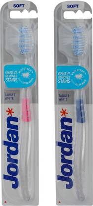 Jordan Target White Toothbrush Soft Bristles Latest Design BPA Free Imported Brush gentle to Teeth & Gems. Made in Malaysia (Random Color) Pack of 2 Soft Toothbrush