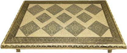 SARANGWARE Golden Color Rexine Oxidised Chowki For Engagement, Wedding, Pooja Wood Pooja Chowki