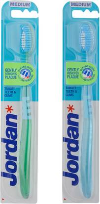Jordan Target Teeth & Gums Toothbrush Medium Bristles Latest Design BPA Free Imported Brush gentle to Teeth & Gems. Made in Malaysia Pack of 2 Medium Toothbrush
