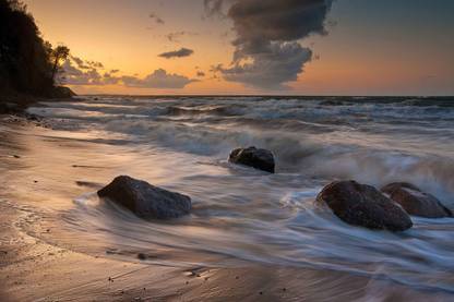 AZOHP7204 Rocks On The Beach Facing The Whirling Waves At Sunset Nature Full HD Poster Paper Print