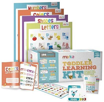 merka Toddler Learning Kit Includes 4 Posters, 58 Flashcards, 58 Practice Book Exercises And 36 Reward Stickers - Learn Letters, Colors, Shapes And Numbers
