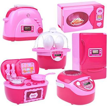 FUN LITTLE TOYS Home Mini Appliances Toy Kitchen Refrigerator Stove Oven Microwave Toaster Steam Egg Timer Set 6 Pcs Batteries Included