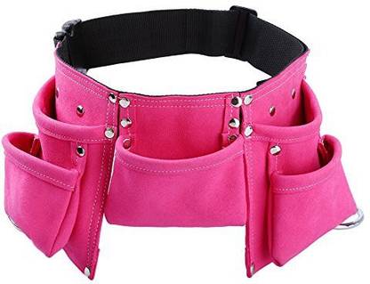 Tooltoo Kids Leather Tool Belt - Child Tool Pouch Belt With Multiple Pockets For Youth Dress Up Role Play Costume With Steel Hammer Loops, Red
