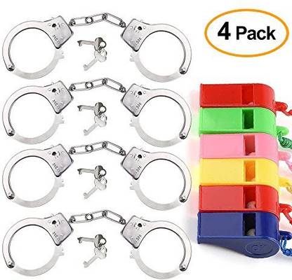 KUUQA 4 Pack Kids Toy Police Handcuffs Metal Handcuffs With Key And 6 Pcs Whistles For Swat Role Police Role Play Kids Party Supplies Costume Accessory Halloween Party Favors Supplies